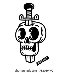 A knife through a skull. Simple skull face series. Monoline skull tattoo design vector