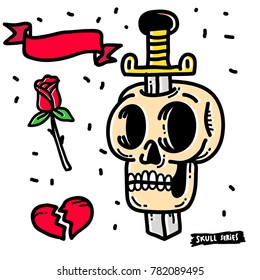 A knife through a skull. Simple skull face series.