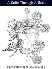 A knife through a skull tattoo coloring page