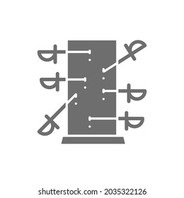 Knife throwing board, magic grey icon. Isolated on white background