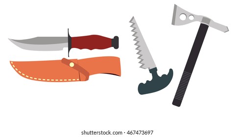 Knife, Tomahawk, saw in flat style, vector illustration