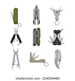 knife tool set cartoon. blade steel, multitool pocket, screwdriver opener, metal equipment, travel knife tool vector illustration