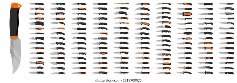 Messer-Typen. Große Menge verschiedener Messer auf weißem Hintergrund. Vektorgrafik.