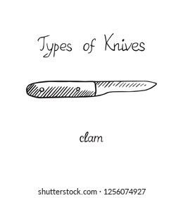 Knife types, clam, vector outline illustration with inscription