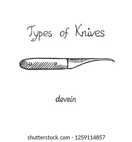 Knife types, devein, vector outline illustration with inscription