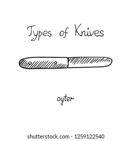 Knife types, oyster, vector outline illustration with inscription