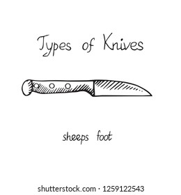Knife types, sheep`s foot, vector outline illustration with inscription