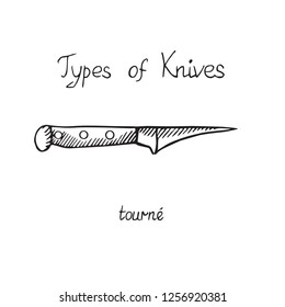 Knife types, tourne, vector outline illustration with inscription
