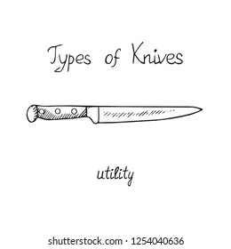 Knife types, utility, vector outline illustration with inscription