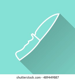 Knife vector icon with long shadow. White illustration isolated on green background for graphic and web design.