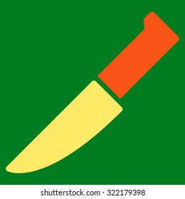 Knife vector icon. Style is bicolor flat symbol, orange and yellow colors, rounded angles, green background.