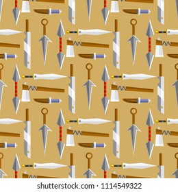 Knife weapon dangerous vector illustration of sword spear edged weapons combat andbonder bayonet seamless pattern background.