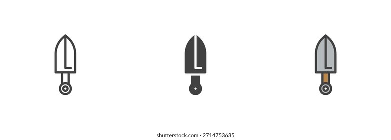 Knife weapon medieval blade different style icon set. Line, filled outline and solid color vector icon. Dagger symbol, close combat sign, steel blade icon.