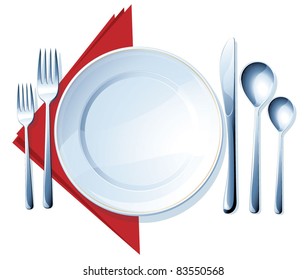 Knife, white plate, spoons and forks on white background. Vector.