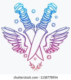 Knife and wings. Vector illustration imitates traditional ink painting. Graphic hand drawn. Textile fabric design. 