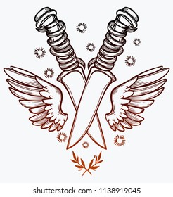 Knife and wings. Vector illustration imitates traditional ink painting. Graphic hand drawn. Textile fabric design. 