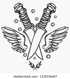 Knife and wings. Vector illustration imitates traditional ink painting. Graphic hand drawn. Textile fabric design. Tattoo art.