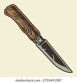 A knife with a wooden handle and a sharp metal blade is shown. This knife is useful for various camping activities like cooking and cutting rope. It is designed for outdoor adventures.