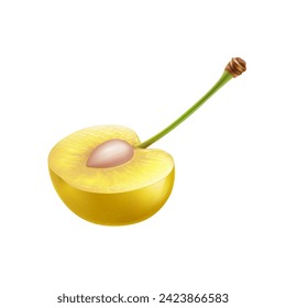 A knife-cut yellow cherry displays a creamy white flesh and a single light-brown pit in the middle