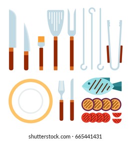 Knifes, fork, whisk, spatula, tongs, skewer  equipment for barbecue. Fish and grilled fried foods vector flat design isolated on white