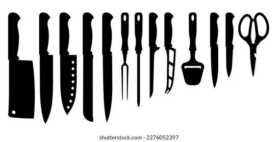 Cuchillos o cuchillos de cocina. Juego de cubiertos. Ilustración vectorial. Cuchillo y cortador. Aislado en blanco.