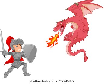 knight with angry dragon cartoon 