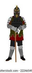 Caballero en armadura con hacha, casco, vector escudo aislado. Combatiente medieval en batalla. Hero guarda muros de castillo. Hombre armado defiende el honor de la familia. Defender al país contra el enemigo. Ejecutor de Hangman.