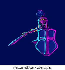 Knight armor cyberpunk logo line pop art portrait fiction colorful design with dark background. Abstract vector illustration.