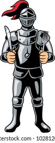 knight in armor with a fork and knife in his hand vector cartoon