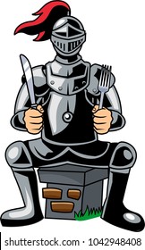 knight in armor with a fork and knife sitting vector cartoon
