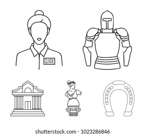 Knight armor, guide, statue, museum building. Museum set collection icons in outline style vector symbol stock illustration web.