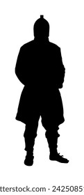 Ritter in Rüstung mit Helm, Schild Vektor Silhouette Illustration isoliert. Mittelalterliche Kampfschlacht. Held behält Burg. Bewaffneter Mann verteidigt Familienväter. Verteidige das Land gegen den Feind. Testamentsvollstrecker