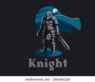 Knight armor in helmet with sword. Vector illustration.