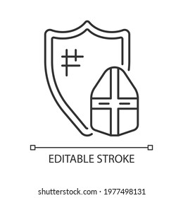 Knight armor linear icon. Medieval knight suit. Middle ages. Helmet, shield. Plate armour. Thin line customizable illustration. Contour symbol. Vector isolated outline drawing. Editable stroke