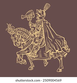 A knight in armor on an armored horse holds meat on a fork. Meat menu in a tavern, pub or bar. A medieval snack in the modern world. Like an engraving