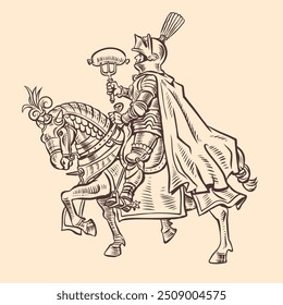 A knight in armor on an armored horse holds a sausage on a fork. Meat menu in a tavern, pub or bar. Medieval snacks at festivals. Like an engraving