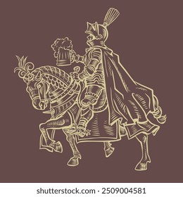 A knight in armor on an armored horse holds a mug of foamy beer. Alcohol menu in a tavern, pub or restaurant. A medieval drink in the modern world. Like an engraving