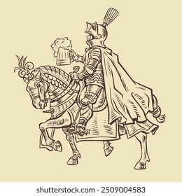 A knight in armor on an armored horse holds a mug of foamy beer. Alcohol menu in a tavern, pub or restaurant. A medieval drink in the modern world. Like an engraving