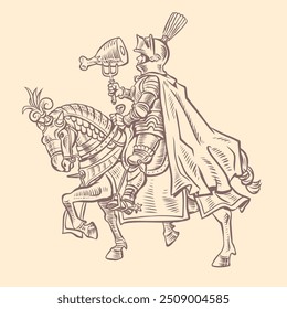 A knight in armor on an armored horse holds meat on a fork. Meat menu in a tavern, pub or bar. A medieval snack in the modern world. Like an engraving