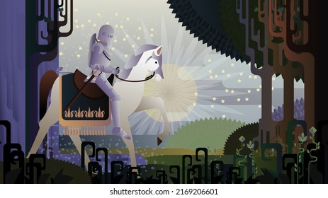 A knight in armor on a horse in a fairy forest