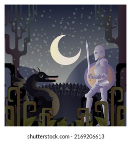 A knight in armor on a horse met an evil dragon in a fairy forest at night