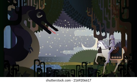 A knight in armor on a horse met an evil dragon in a fairy forest at night