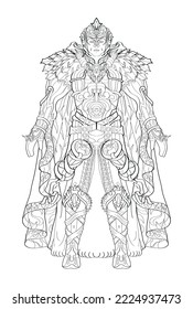 knight in armor, paladin, computer game character black and white vector illustration. Warrior, coloring book, doodle