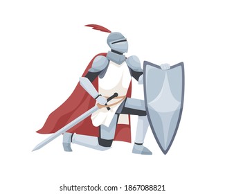 Knight In Armor And Red Cloak Holding Shield And Sword And Giving Oath On His Knee. Medieval Warrior Kneeling And Swearing Allegiance. Chivalry Isolated On White Background. Flat Vector Illustration