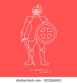 Knight in armor with shield and sword. Design element for postcard, banner or print.