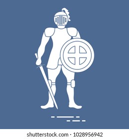 Knight in armor with shield and sword. Design element for postcard, banner or print.