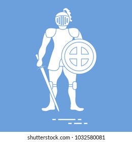 Knight in armor with shield and sword. Design element for postcard, banner or print.