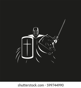 A knight in armor with a shield and a sword on a horse. Vector illustration in the style of black and white graphics.