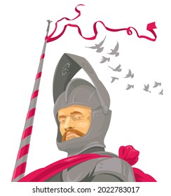 Knight in armor with a spear and developing pink ribbons at the tournament. Isolated vector illustration.
