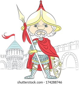 Knight in armor with a spear in front of the castle, vector fairytale Cartoon
